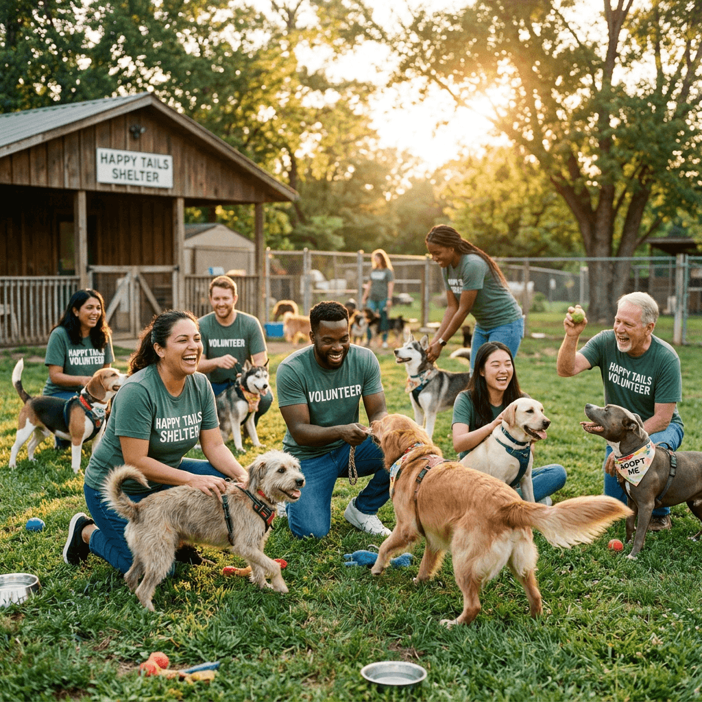 Volunteer playing with rescue dogs at shelter